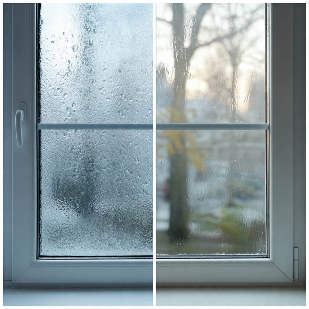 Misted double glazing before and after repair - foggy condensation replaced with clear glass in Cannock - Misted Glass Repair