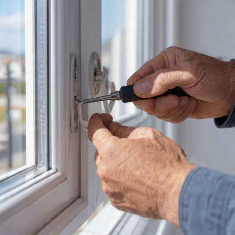 Tradesperson repairing a white upvc window handle in a Cannock home